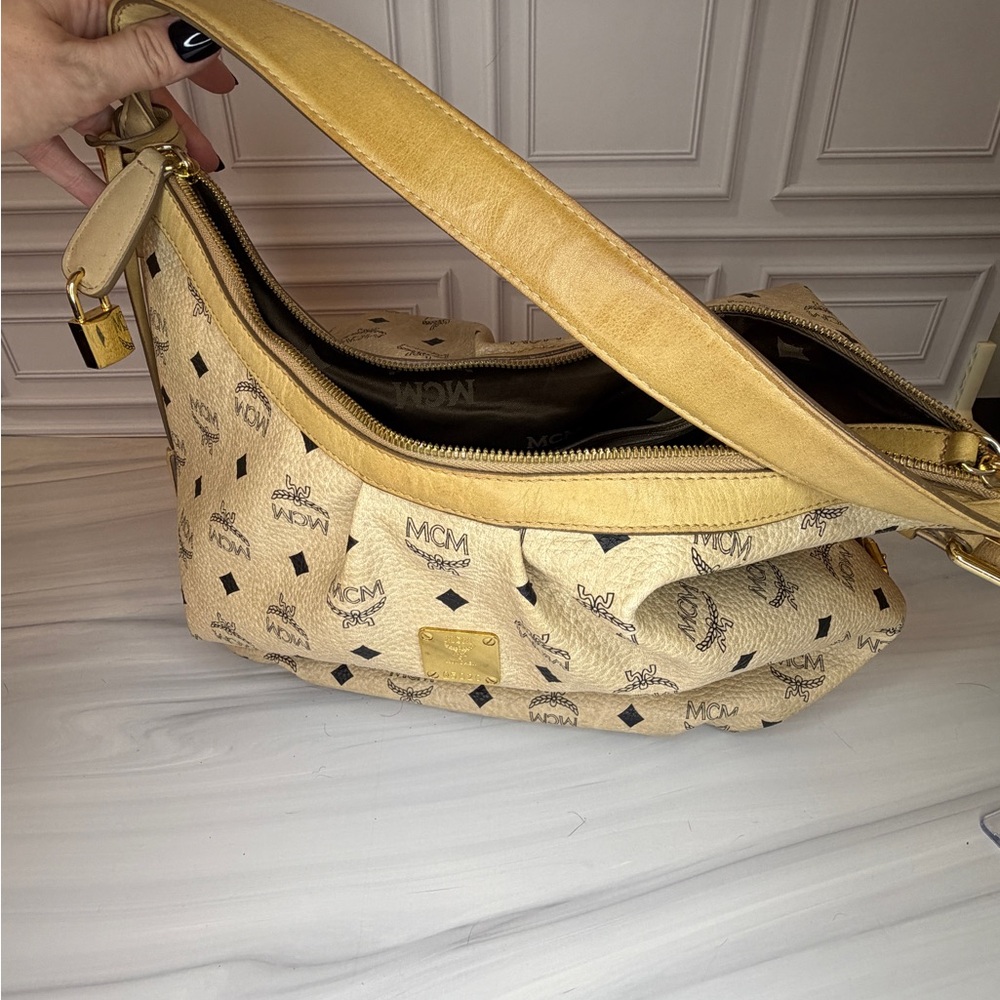 MCM Light Beige Visetos Leather Monogram Hobo Shoulder Bag | Lock & Key Included - Picture 11 of 12